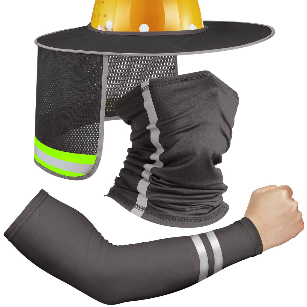 SATINIOR 3 Pcs Sun Hard Hat Neck Protection High Visibility Full Brim Mesh Sun Protection Bandana Headband Arm Sleeves with Reflective Strap for Construction Helmet Hard Hat(Dark Gray)
