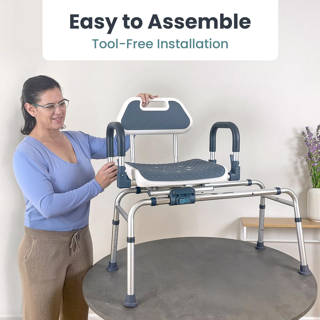 Sliding Shower Chair Tub Transfer Bench with Swivel Seat, Shower Bench for Elderly and Disabled, with Security Belt, 360 Rotation, Slides and Rotates, Adjustable,one Touch Slide Button, Dark Blue