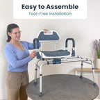 Sliding Shower Chair Tub Transfer Bench with Swivel Seat, Shower Bench for Elderly and Disabled, with Security Belt, 360 Rotation, Slides and Rotates, Adjustable,one Touch Slide Button, Dark Blue