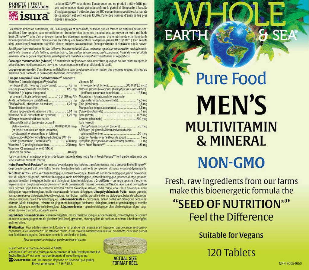 Natural Factors Whole Earth & Sea Men's Multivitamin & Mineral - Daily Health Supplement for Men Under 50 - Vegan, Non-GMO & Gluten-Free - 120 Tablets (60 Servings)