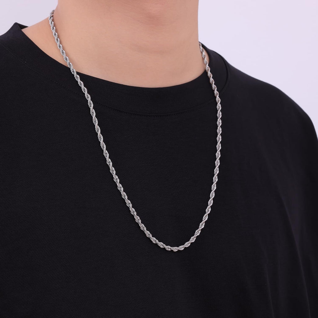 Fiusem Silver Chain Necklace for Men 3mm Stainless Steel Rope Chain 24 Inch
