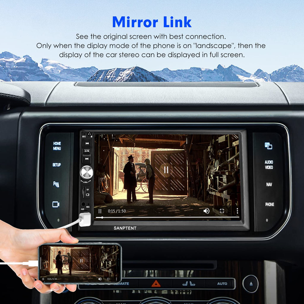 SANPTENT Double Din Car Stereo with Wireless Apple CarPlay & Android Auto, 7-Inch FHD Touchscreen Car Audio Receiver with Rear Camera, Subwoofer, FM Car Radio, USB/AUX/TF Input, Mirror Link, Bluetooth