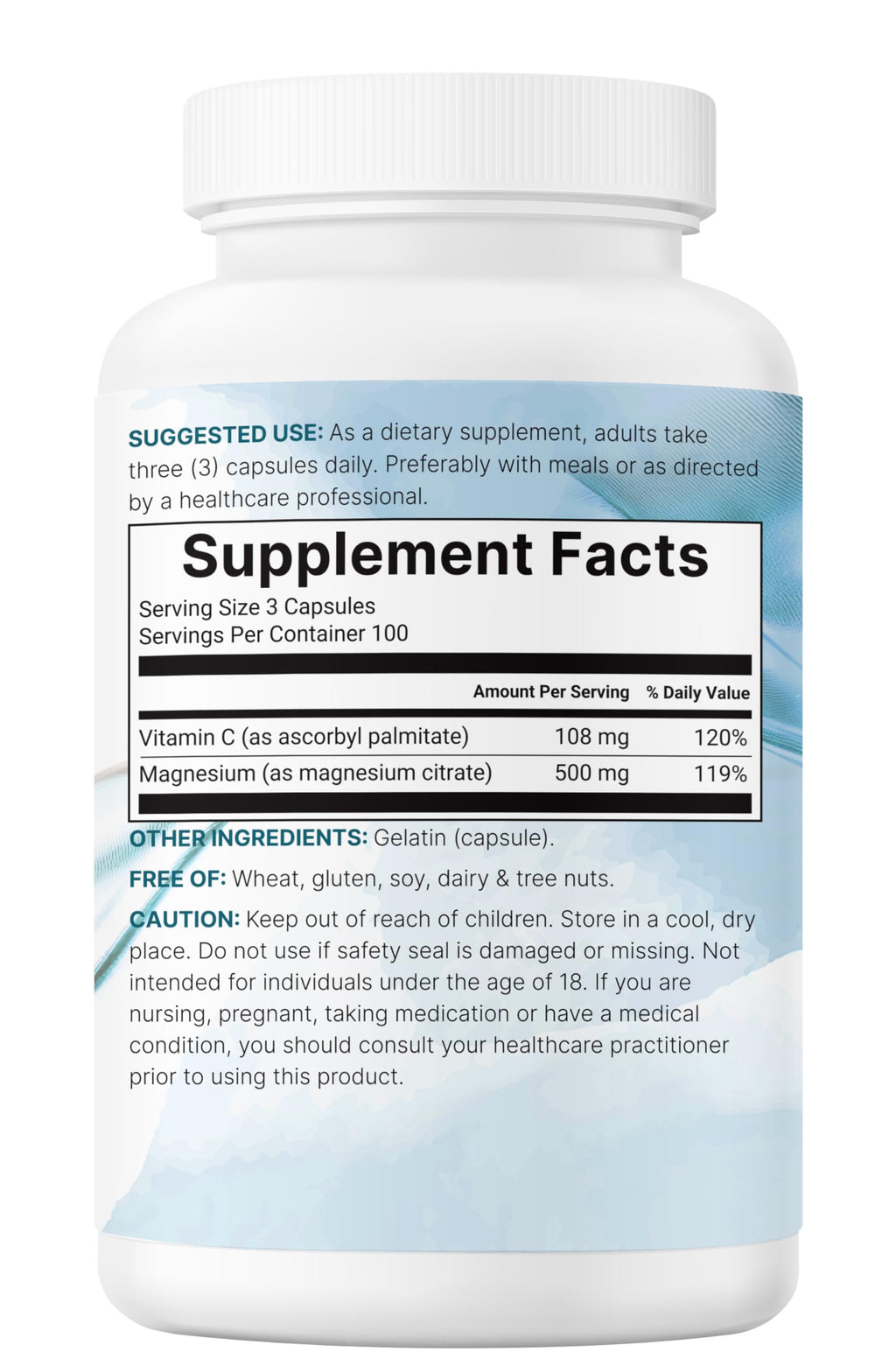 Pure Magnesium Citrate Supplements 500mg, 300 Capsules | Fat-Soluble Vitamin C Added | 100% Chelated | Only Active Ingredients