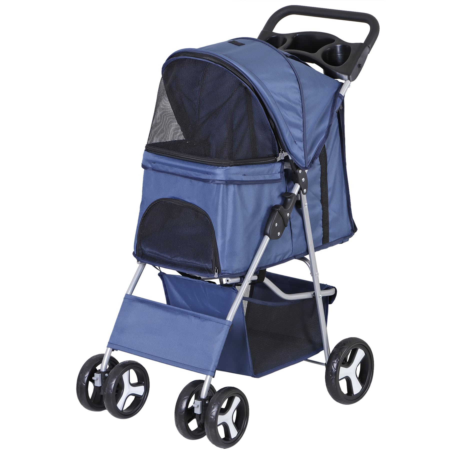 Pet Stroller 4 Wheels Dog Cat Stroller for Small Medium Dog Cats Carrier Jogger Travel Foldable Puppy with Storage Basket and Cup Holder (Navy Blue)