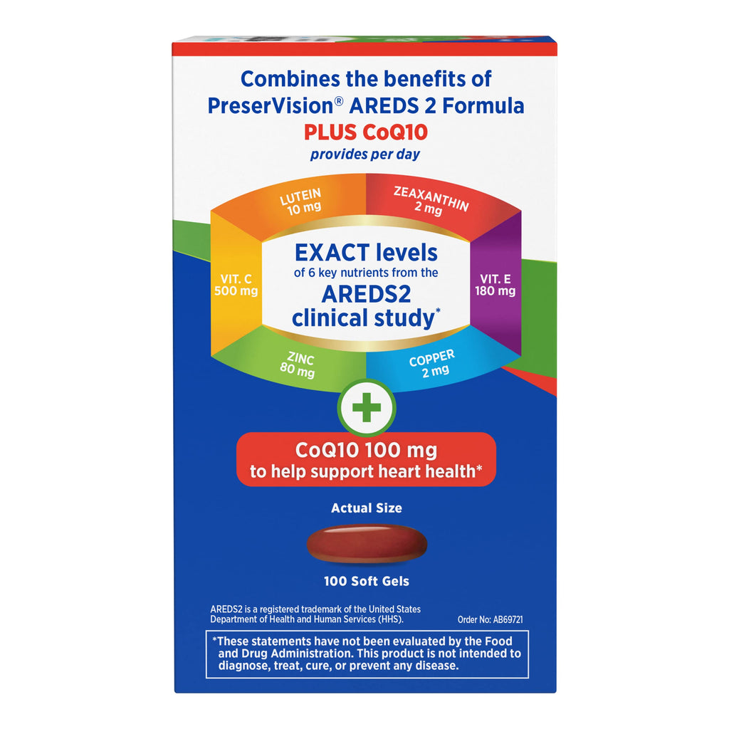 PreserVision AREDS 2 Eye Vitamins with CoQ10 for Heart Health, #1 Eye Doctor Recommended Brand, Lutein and Zeaxanthin Supplement with Vitamin C & E, Zinc, and Copper, 100 Softgels