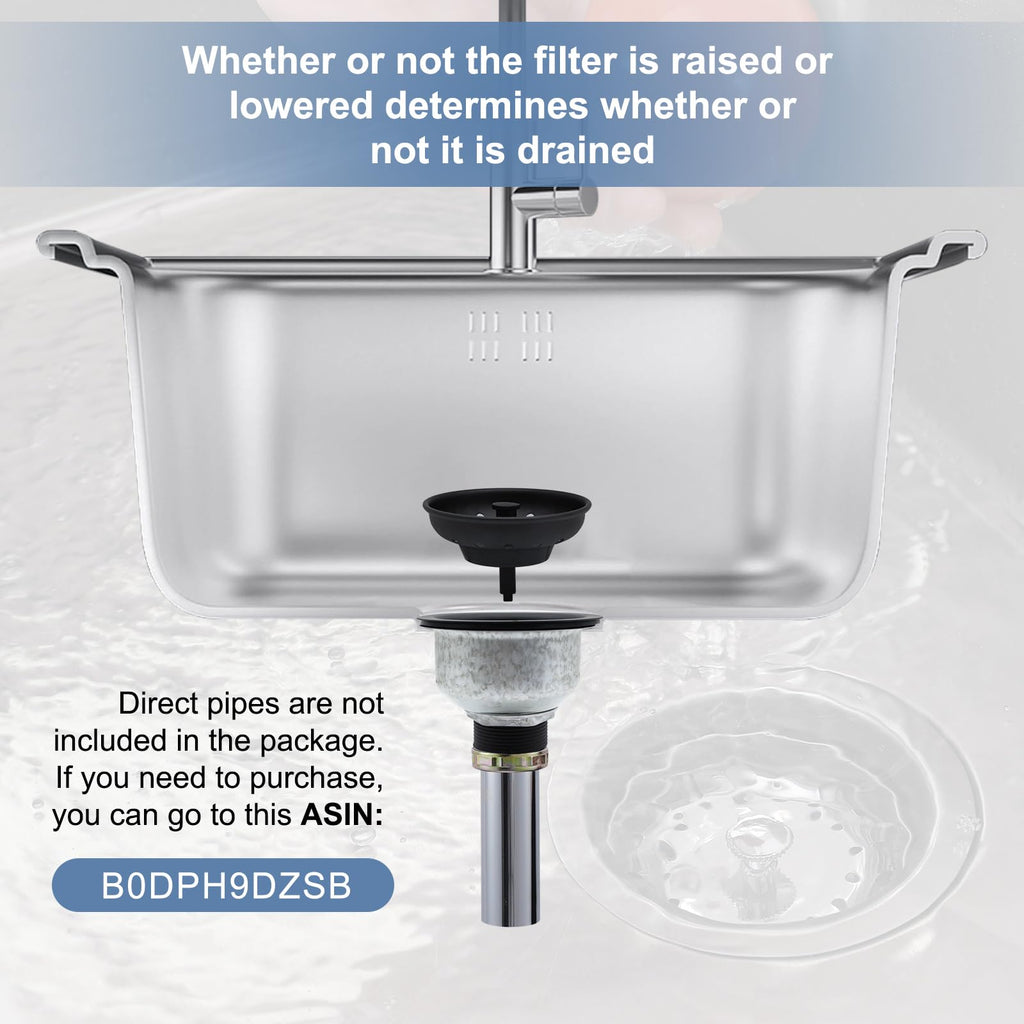 ZM Kitchen Sink Stainless Steel Deep Locking Basket Strainer with Drain Assembly,Black, 3-1/2 Inch Sink Drain Stopper Plug