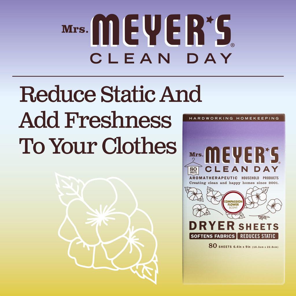 MRS. MEYER'S CLEAN DAY Dryer Sheets, Fabric Softener, Reduces Static, Infused with Essential Oils, Compassion Flower, 80 Count (Pack of 3)