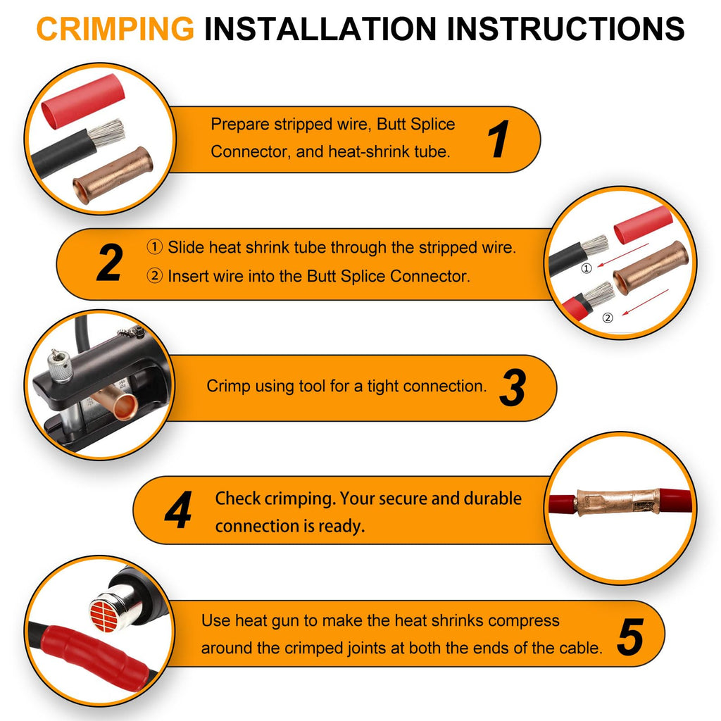 SVAAR 100PCS Flared Open Butt Connectors Kit 4/6/8/12-10 Gauge Butt Splice Connector Non-Insulated Butt Connectors Crimp Pure Copper 50PCS Seamless Barrel Wire Splice Terminals +50PCS 3:1 Heat Shrinks