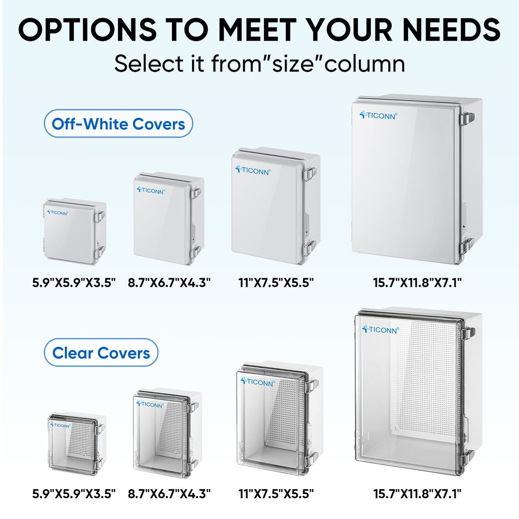 TICONN Outdoor Electrical Box Waterproof, Junction Box IP67 ABS Plastic Enclosure with Hinged Cover with Mounting Plate, Wall Brackets, Cable Glands (Clear, 8.7"x6.7"x4.3")