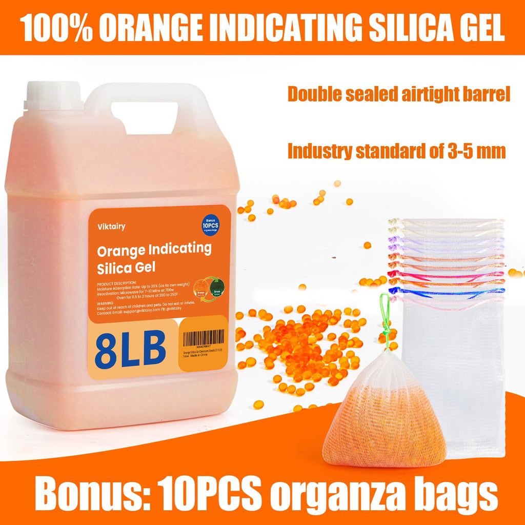 8LBS Silica Gel Desiccant Beads, Premium Orange Indicating Reusable Desiccant Bulk, Industry 3-5 mm Silica Beads Dehumidifier for 3D Filament, Electronic Devices, Camera, Jewelry, Safe (10PCS Bags)
