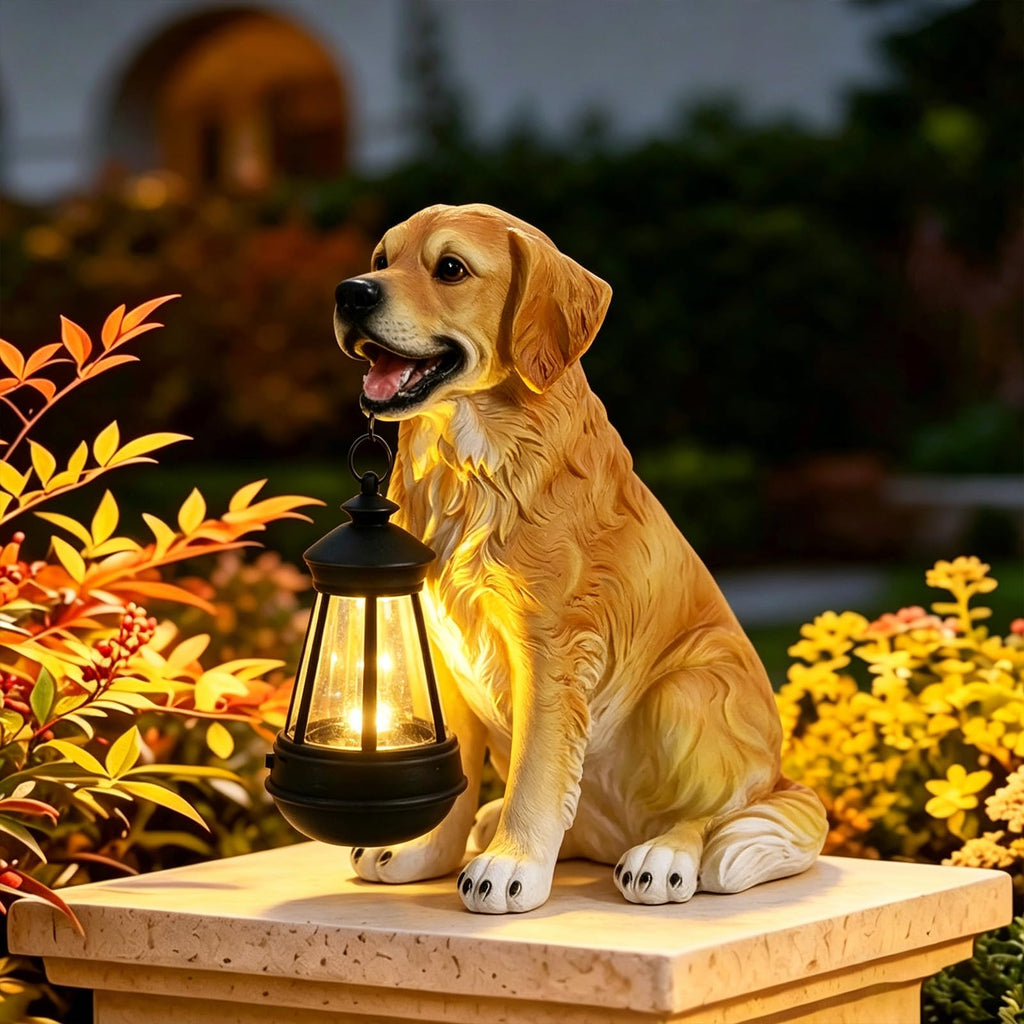 Golden Retriever Statue, Resin Solar Dog outdoor statues Holding Lantern