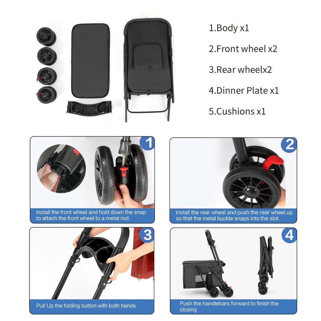 Pet Stroller Cat Dog Stroller Travel Folding Pet Carriers（Black）