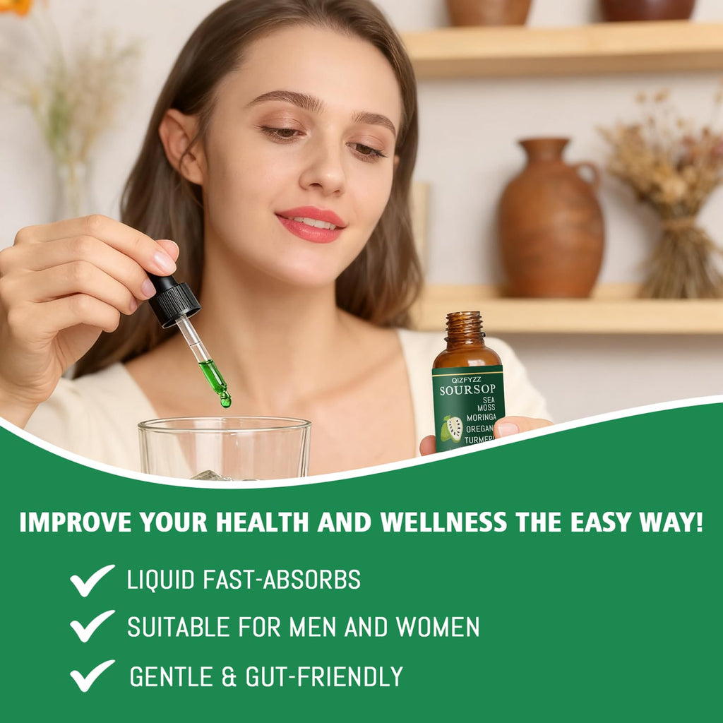 Qizfyzz Soursop Bitters Liquid Drops, Liquid Drops Soursop Bitters 10 in 1 with Sea Moss, Moringa, Turmeric, Black Seed Oil, Oregano, Ashwagandha, Herbal Extracts for Overall Health (1pc)