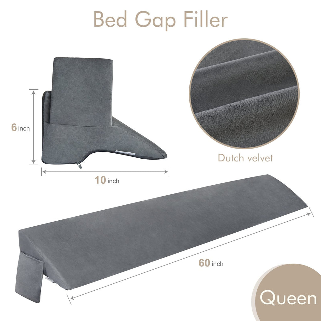 Vekkia Queen Bed Wedge Pillow for Headboard Gap Filler(0-5"),High-Density Foam,Prevents Pillows & Items from Falling,Ergonomic Design,Large Storage Pockets, Removable&Washable Cover,Gray,60''x10''x6''
