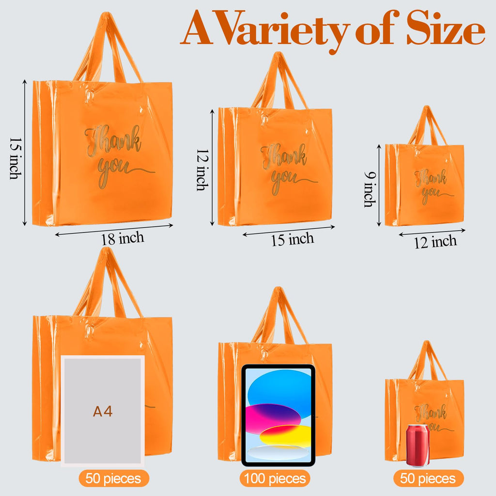 Teling 200 Pcs Thanks Bags with Handle Bulk Thank You Merchandise Bags 3 Size Plastic Packet Retail Shopping Package for Boutique 9 x 12'', 12 x 15'', 15 x 18''(Orange)