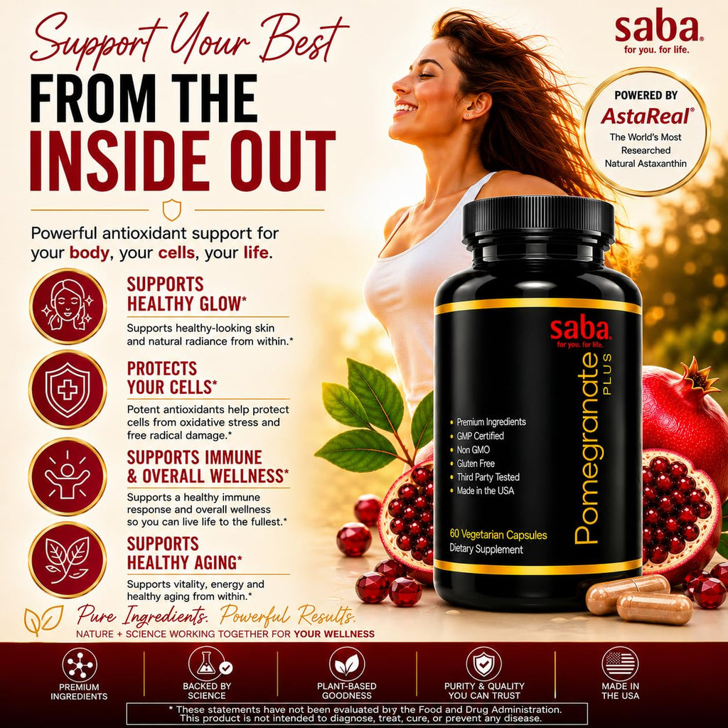 Saba Pomegranate Plus™ | Premium Longevity Support with AstaReal® Astaxanthin & Pomegranate Extract | Advanced Antioxidant Support for Healthy Aging, Cellular Protection & Daily Vitality | 60 Capsules