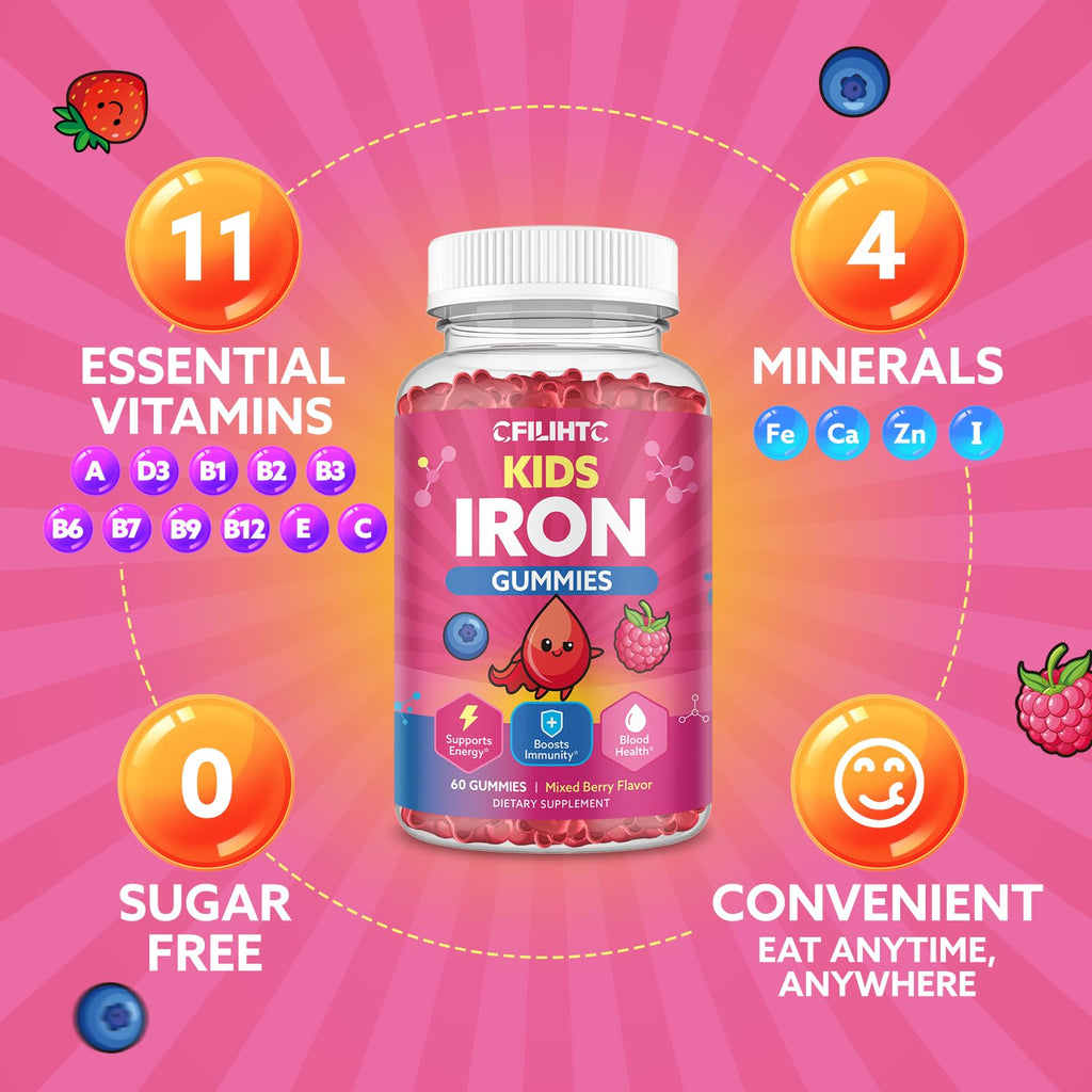 Iron Gummies for Kids & Teens, Kids Multivitamin with Iron Supplement, Calcium, Folate, Zinc, Prebiotic - for Blood Builder & Energy Support, Iron Deficiency - Vegan & Non-GMO - 60 Count Mixberry