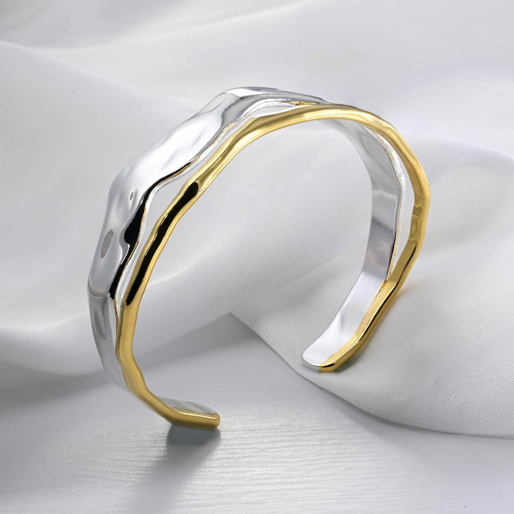 Desnuage Chunky Gold and Silver Cuff Bracelets Sterling Silver Two Tone Open Bangles Double Layer Irregular Wave Hammered Texture Bracelet for Women