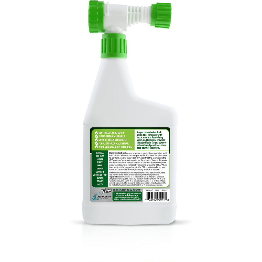 OdoBan Outdoor and Yard Odor Eliminator, Plant-Friendly Formula, Made in the USA, Clean Fresh Scent, 32 Fluid Ounce Bottle with Hose End Sprayer, 2-Pack