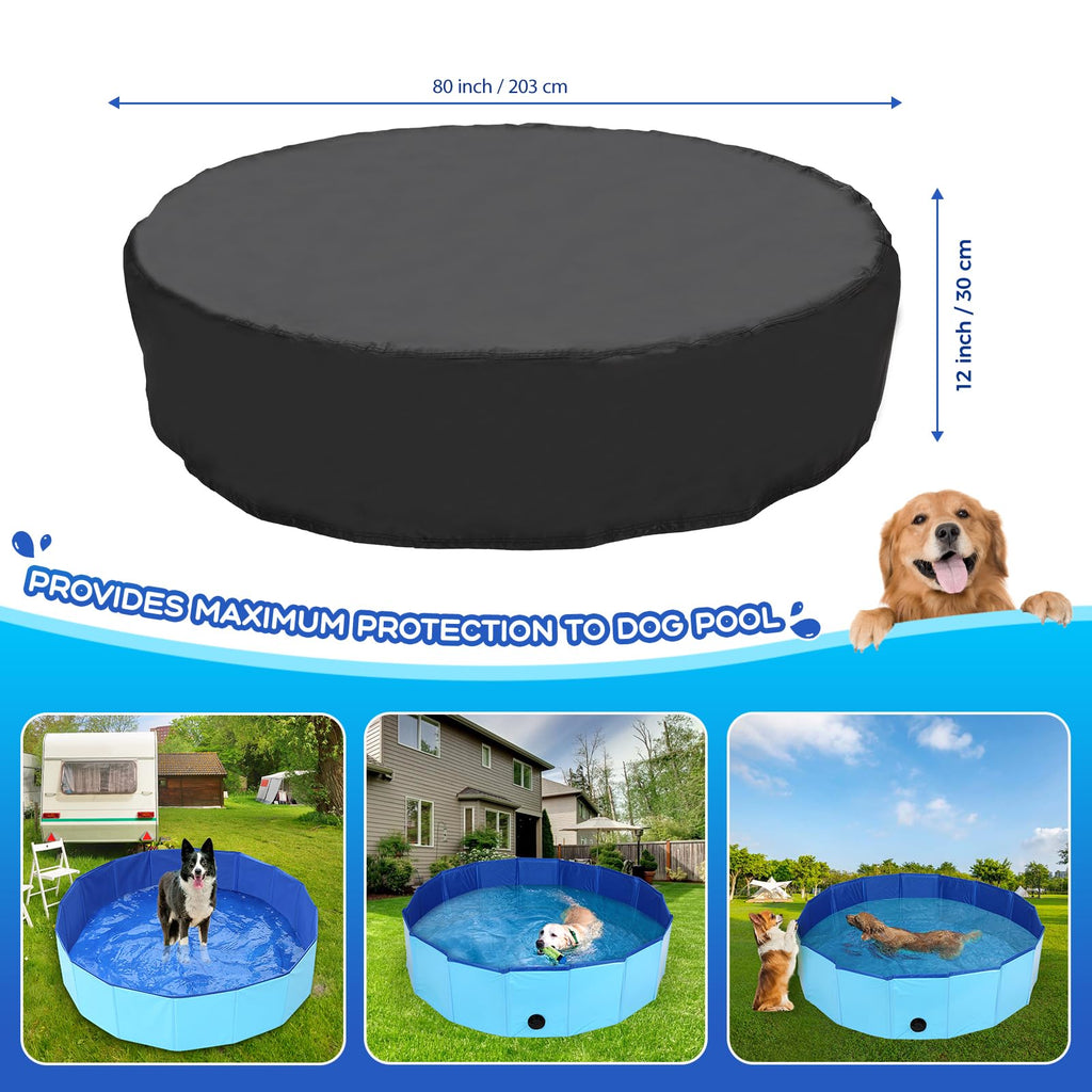 Tufmunb 79-80 inch Dog Pool Cover, Portable Round Collapsible Bathing Tub Kiddie Pool Cover with Oxford Cloth Material and Drawstring Design, Waterproof and Dustproof (Black) - Only Cover