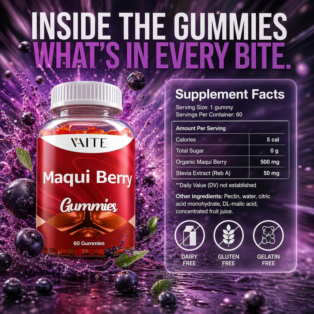 VAITE Maqui Berry Gummies 500mg – Antioxidant-Rich Vegan Supplement, Plant-Based Superfood Chewables for Daily Balance, 60 Easy to Take Servings, Non-GMO, Gluten & Soy Free, for Men & Women