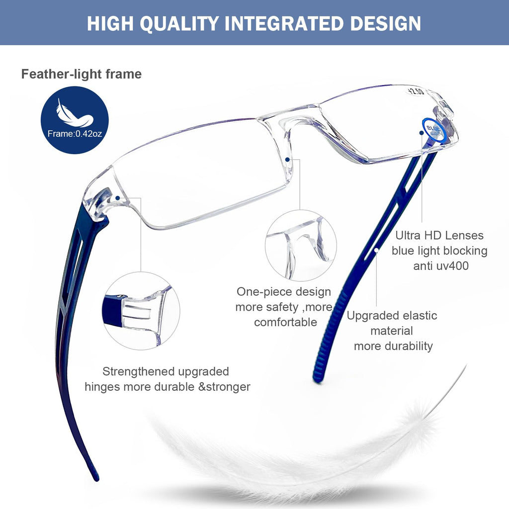 AQWANO Rimless Reading Glasses for Women Men, Clear Frame Readers Computer Blue Light Blocking Anti Glare Filter Lightweight,2.0