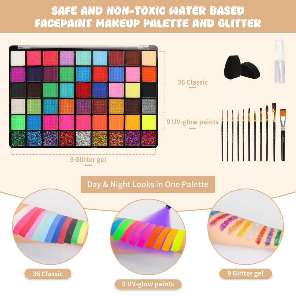Pintada 54 Color Face Painting Kit for Kids - Non Toxic Water Activated Face Paint Palette with Stencils, Book, Brush & Sponges . For Halloween, Carnival, Party; Costume Makeup for Creative Activities