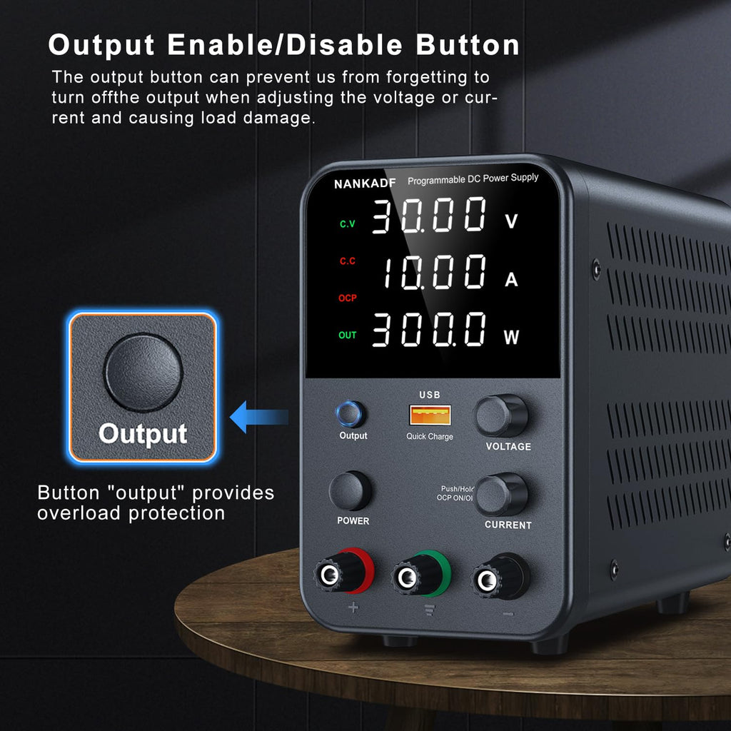 DC Power Supply Variable, Bench Power Supply with Encoder Adjustment Knob, Output Enable/Disable Button, Adjustable Power Supplies with USB Quick-Charge, Short Circuit Alam (30V 10A Black)
