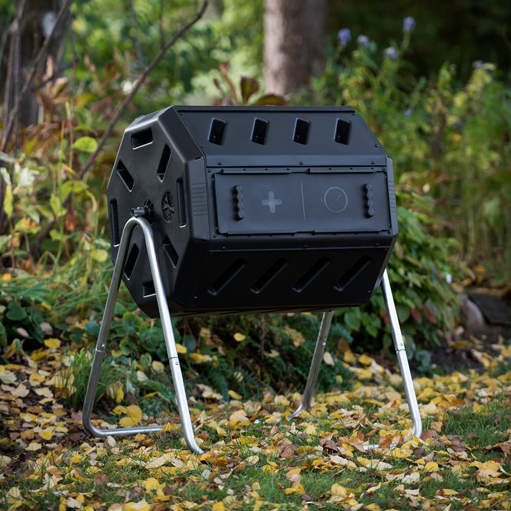 FCMP Outdoor Heavy Duty 37 Gallon 8 Sided Steel Portable Plastic Dual Chamber Tumbling Composter Outdoor Elevated Rotating Garden Compost Bin, Black