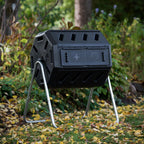FCMP Outdoor Heavy Duty 37 Gallon 8 Sided Steel Portable Plastic Dual Chamber Tumbling Composter Outdoor Elevated Rotating Garden Compost Bin, Black