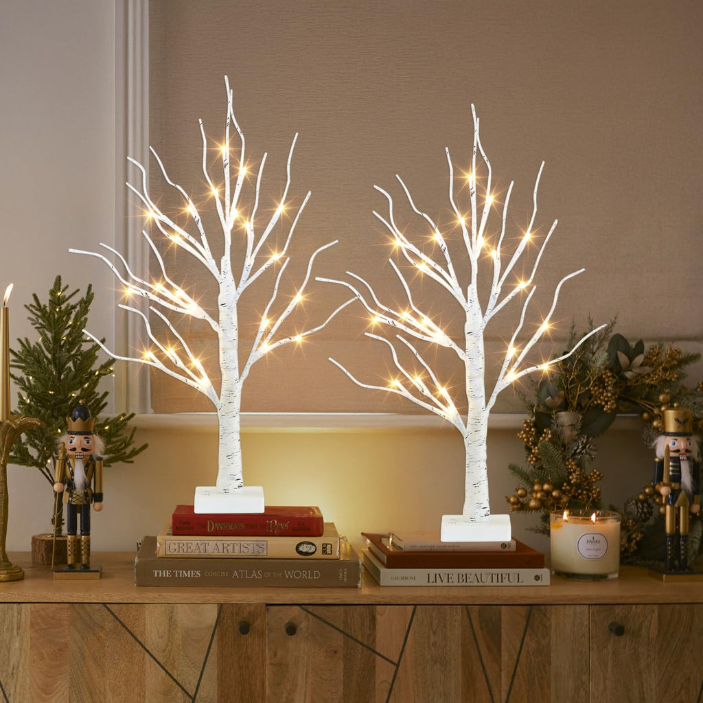 PEIDUO Christmas Decorations, 2FT Birch Tree with LED Lights, Warm White Light up Tree Lamp, Artificial Trees for Home Table Inside, Battery Powered, Timer (2PK)