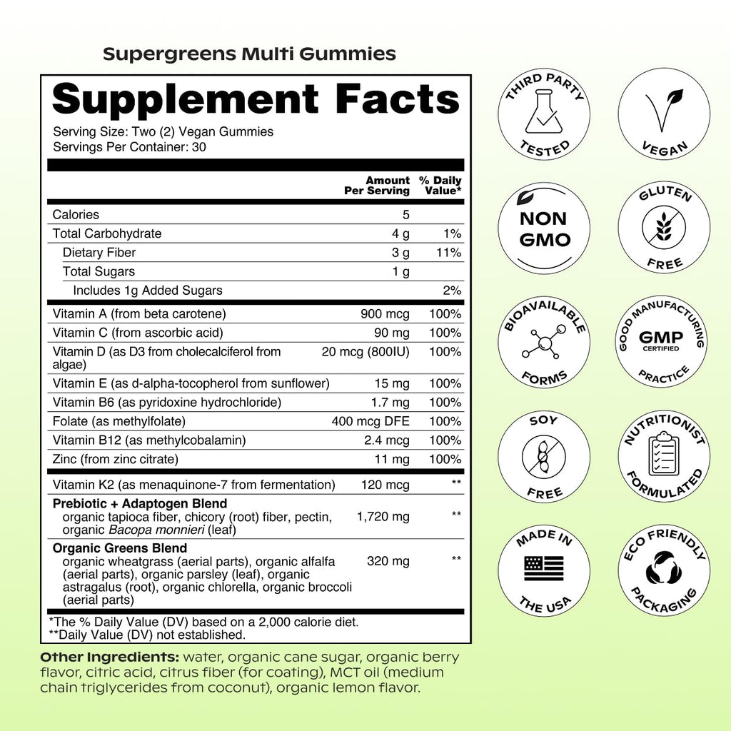 wholier Daily Supergreens Multi Gummies, Organic Greens, Prebiotics, Vitamins & Minerals, Vegan Multivitamin Gummy for Adults, Gut Health, Energy, Immunity Support, Gluten Free, Lemon Berry, 60 Count