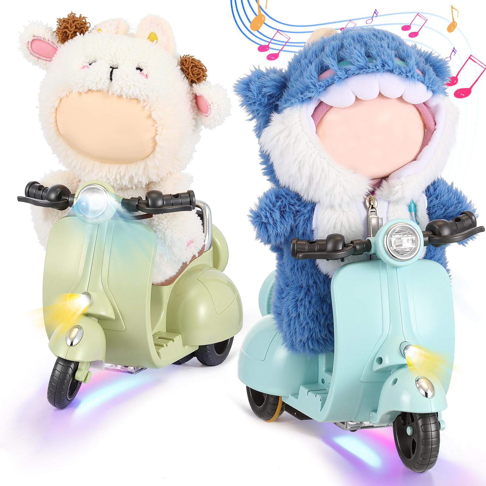 Simgoing 2 Pcs Mini Electric Doll Scooter Vehicles Toy Funny Doll Accessory with Music & Lights Could Rotate 360° Cute Plastic Scooter Toy Ornaments Battery Not Included (Blue & Green)