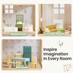 Tiny Land Wooden Dollhouse for Girls - 6 Rooms Wooden Doll House, DIY Pretend Doll House with 31Pcs Furniture Accessories, Creative Gift for Girl Ages 3+, Green