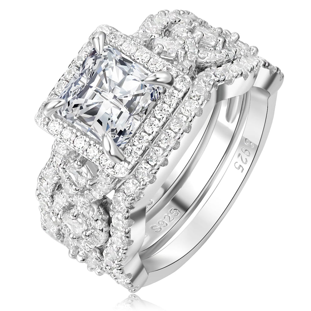 RYANEE Princess Cut Cubic Zirconia Halo Promise Engagement Ring For Women in 925 Sterling Silver, Simulated Diamond 14k White Gold Plated CZ Stackable Rings For Her, Wedding Band Bridal Ring Set 7