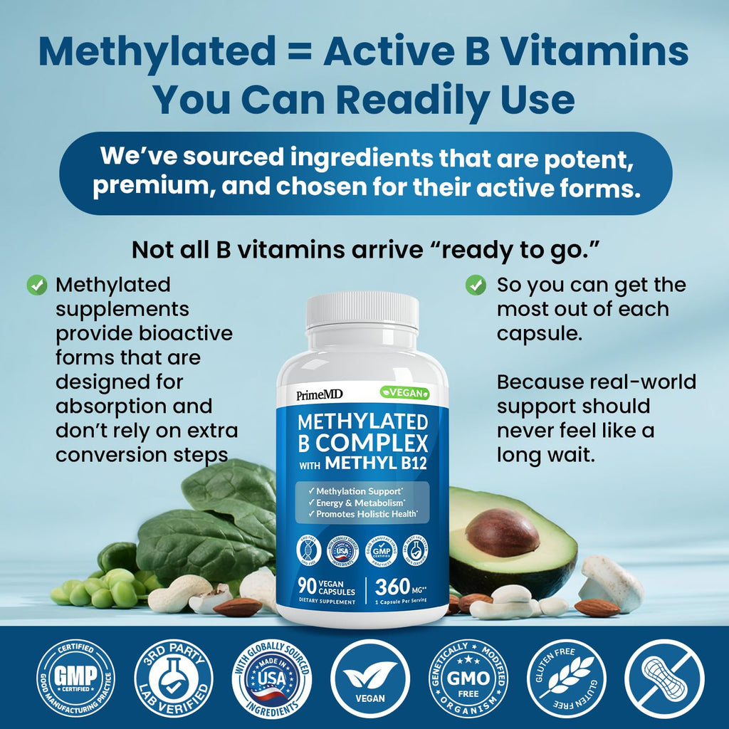 Methylated B Complex with Methylfolate and B12 Methylcobalamin 1000 mcg - Methylated Multivitamin for Energy, Brain Function, and Wellness - Vitamin B Complex for Men & Women (90 Servings) (Pack of 1)