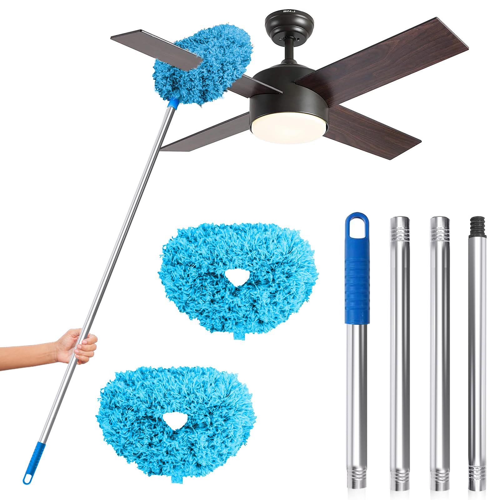 DRQ Ceiling Fan Cleaner Duster, 2 Pack Reusable Microfiber Duster with Extension Pole, 13 to 48 Inch Fan Blade Cleaner, Removable Dusters for Cleaning Walls Bookshelves Door Window Top (Blue)