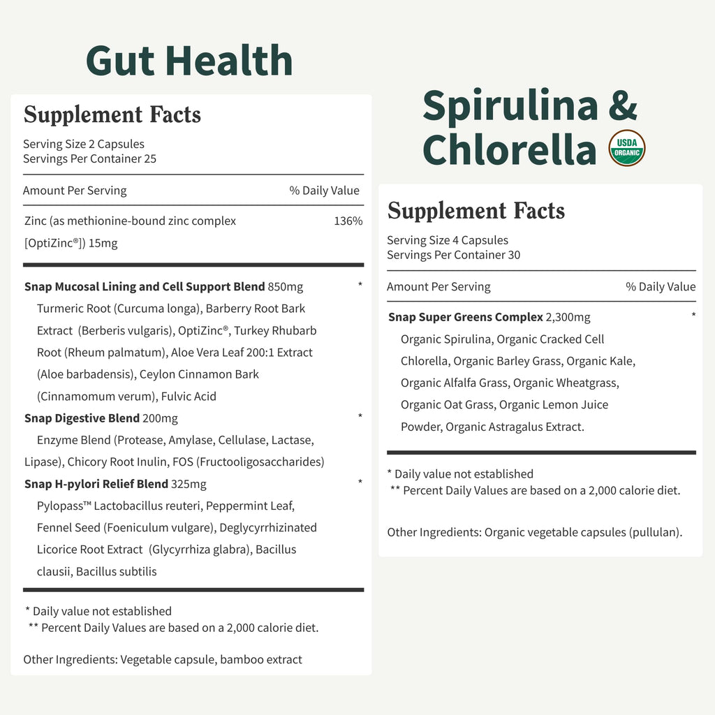 Snap Supplements Gut Health Lipase Supplement & Organic Spirulina Chlorella Bundle–Probiotic + Greens–Supports Digestion, Detox, Energy & Immune Health, 50 + 120 Vegetarian Capsules (1 Month Supply)