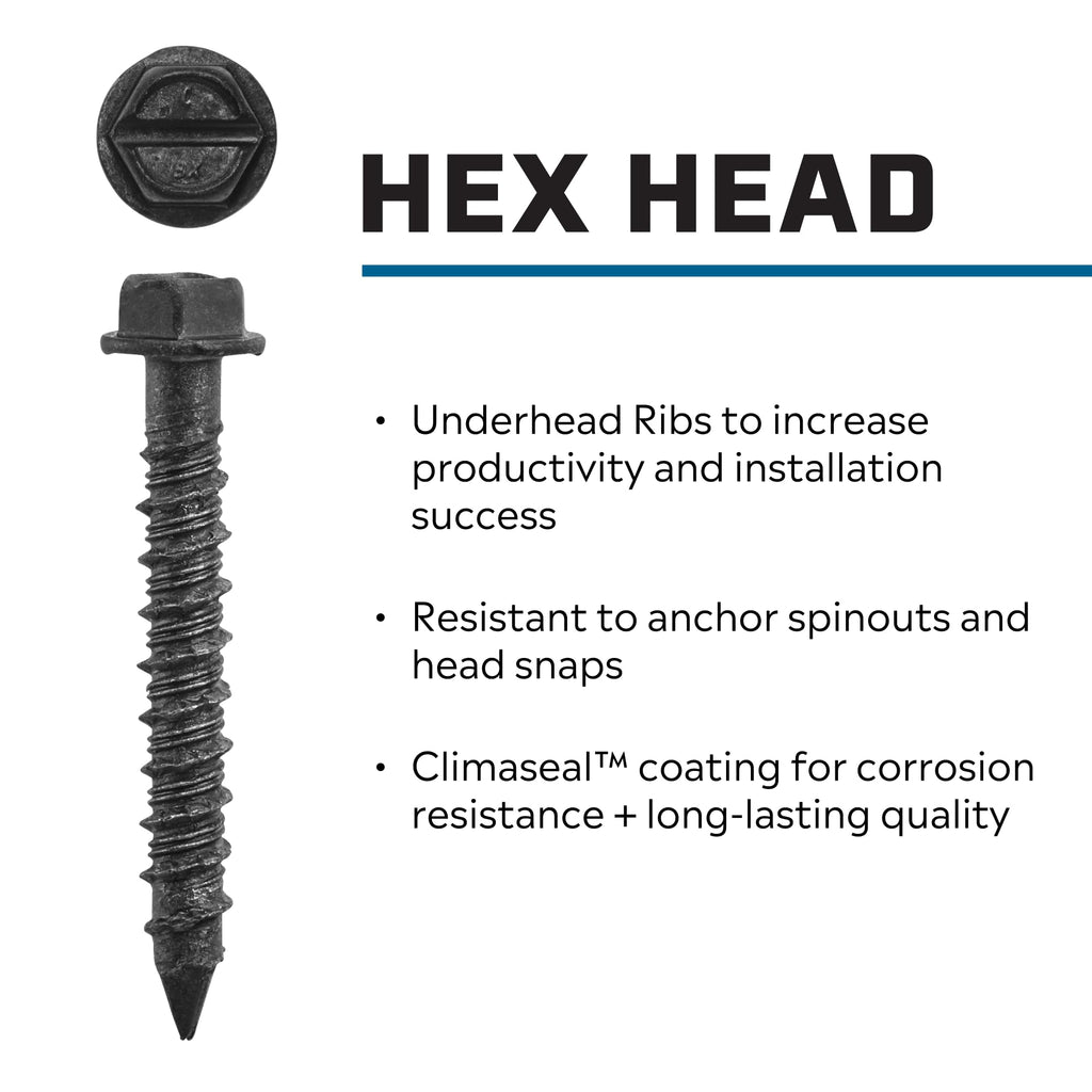 Tapcon 1/4 x 2-3/4 Inch Black Hex Head Concrete Anchors, 300 PCS, Corrosion Resistant Climaseal™ Coating, Heavy-Duty Concrete and Masonry Screws, Superior Holding Strength, Drill Bit Included