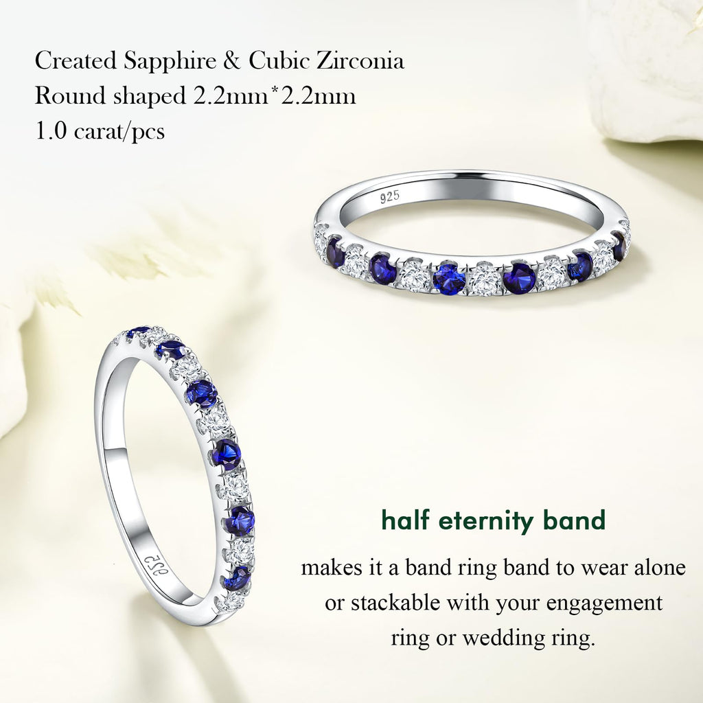 RANDES Sapphire and Cubic Zirconia Rings for Women 925 Sterling Silver Sapphire Band Ring September Birthstone Stackable Rings Half Eternity Wedding Bands Size 6