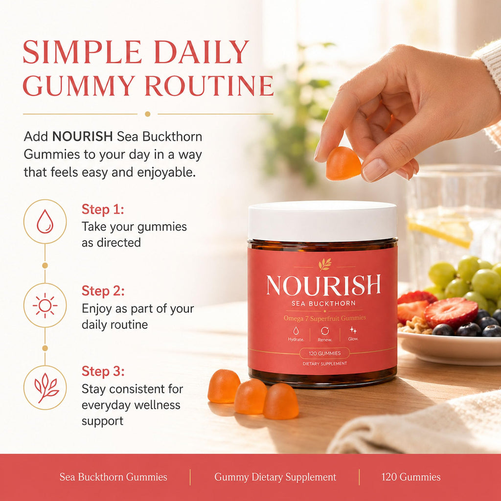 Nourish Sea Buckthorn Gummies, Gummies Sea Buckthorn Supplement with Omega 7 Superfruit Blend, Supports Skin Hydration & Radiant Glow, 120 Count, Orange