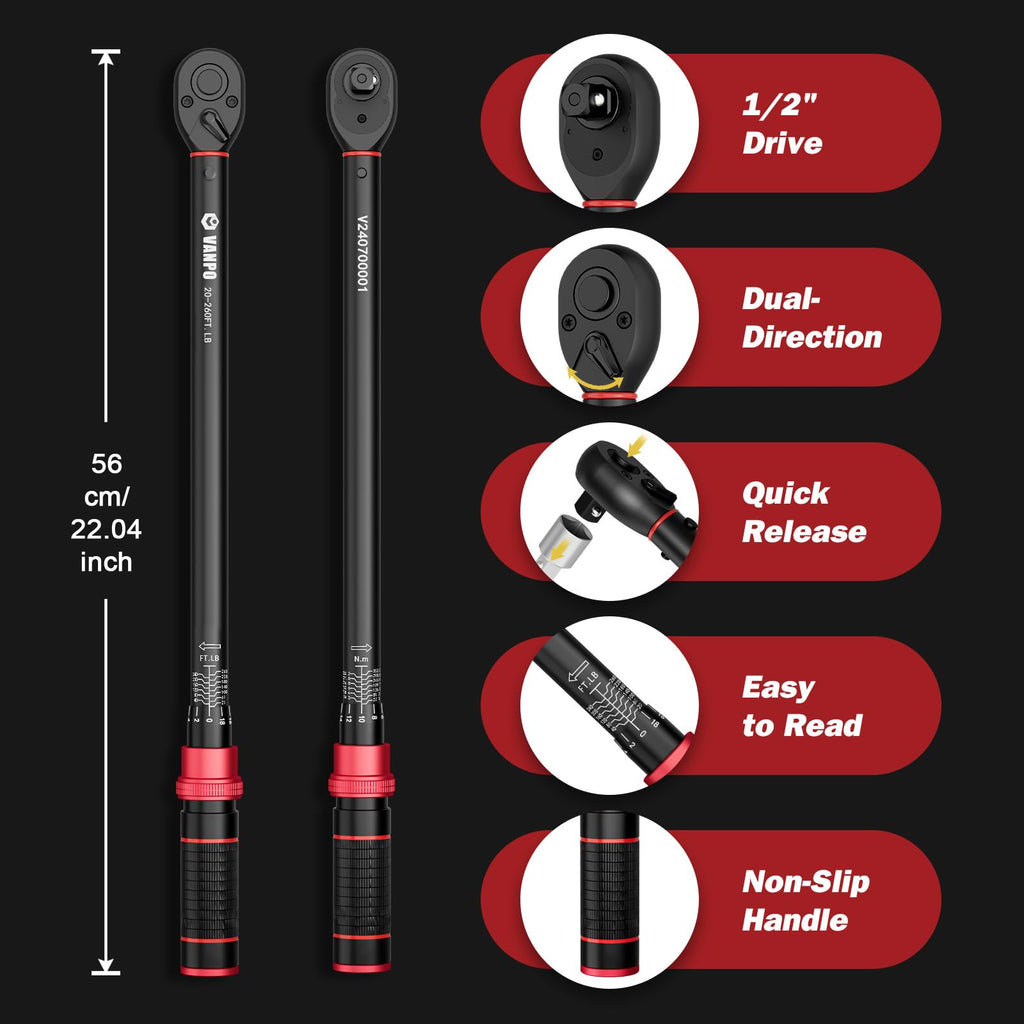 VANPO 1/2-Inch Drive Click Torque Wrench, 20-260 Ft-Lb/27.1-352.3 Nm, 22.04", Dual Direction, 72 Tooth, Adjustment Torque Wrench with 1/2" to 3/8" Adapter & 125mm Extension Bar for Car & Truck