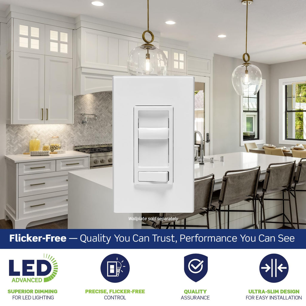 Leviton SureSlide LED Advanced Dimmer Switch for 150W Dimmable LED, Halogen and Incandescent Bulbs and Fixtures, 66741-W, White