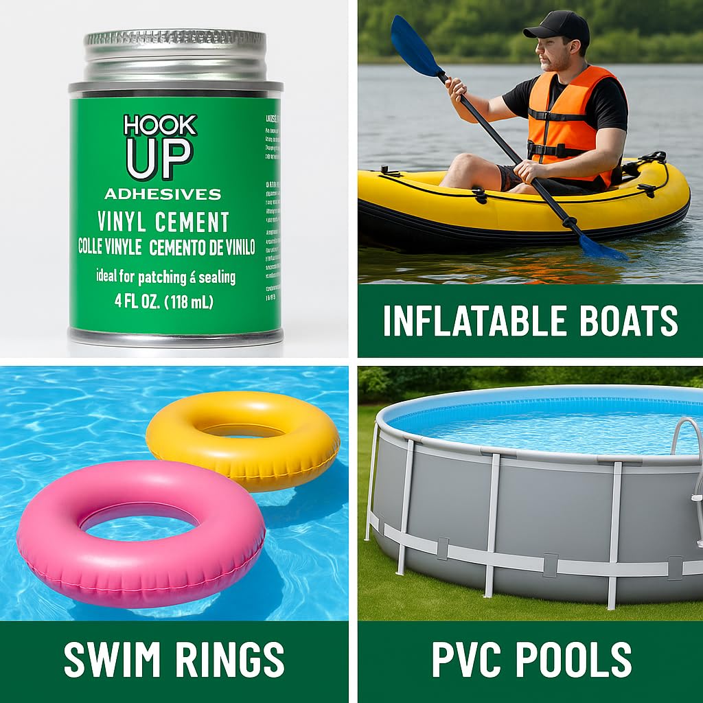 HOOK UP Vinyl Cement – Waterproof Pool Liner Repair Glue for Vinyl & PVC, Fast-Drying Flexible Contact Cement for Inflatables, Air Mattresses, Boats, Tarps, Hot Tubs & Pool Patch Repairs (16 oz)