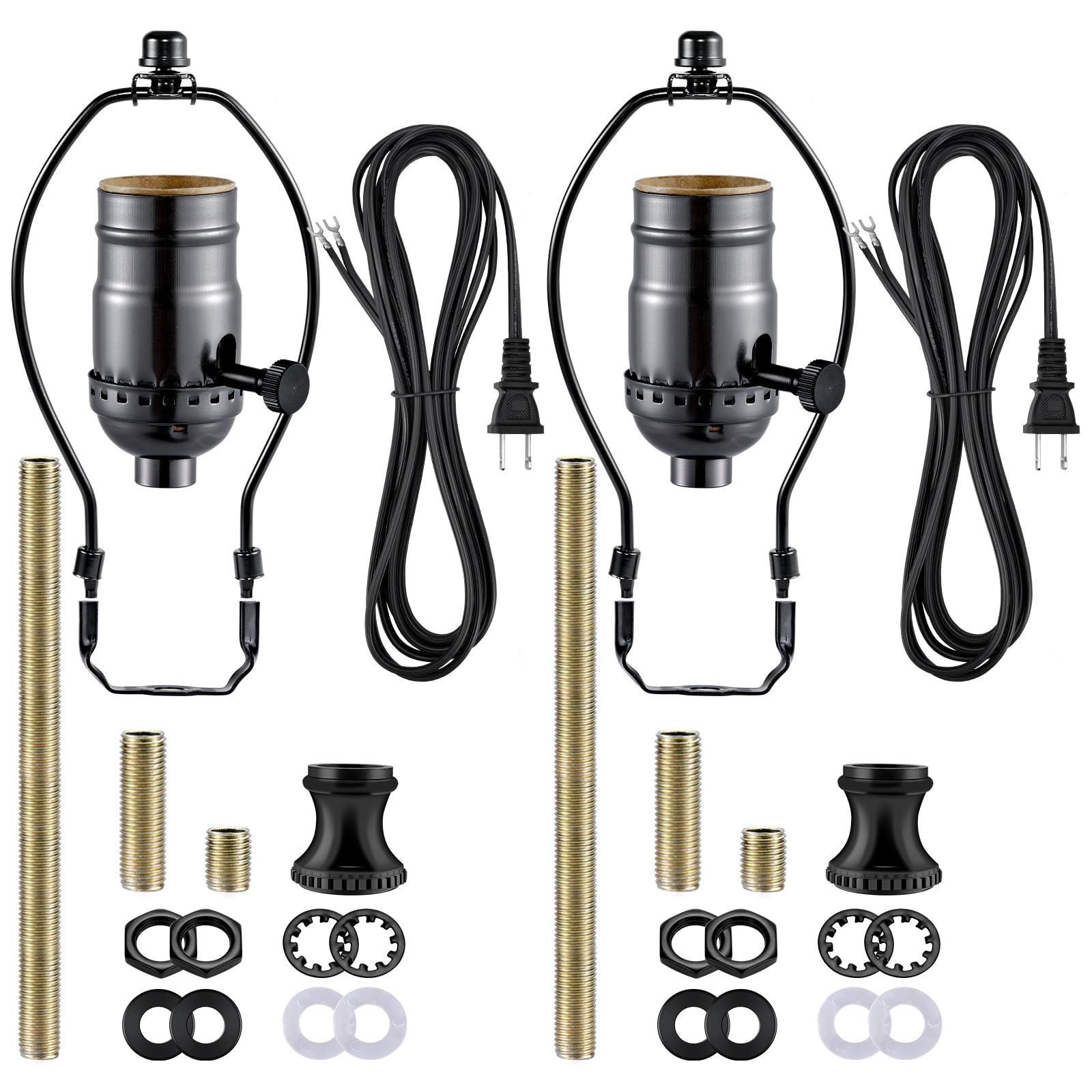 Lamp Making Kit,Make a Lamp or Repair Kit, 3-Way Lamp Socket with Matching Cord and Harp Set, Wiring Kit for Table Floor Lamp,Essential Hardware for DIY Light Design or Repair (Black, 2)