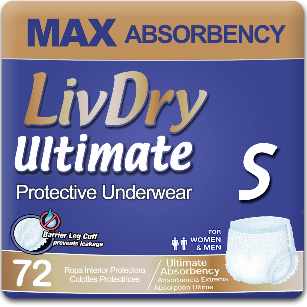 LivDry Small Ultimate Adult Incontinence Underwear, High Absorbency, Leak Cuff Protection, S, 72-Pack