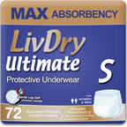 LivDry Small Ultimate Adult Incontinence Underwear, High Absorbency, Leak Cuff Protection, S, 72-Pack