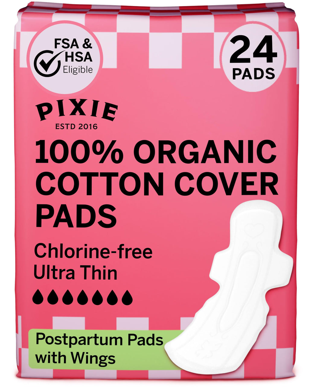Pixie Organic Cotton Ultra-Thin Extra Long Overnight Pads for Women – Maximum Absorbency with Wings – Leak-Proof, Hypoallergenic, Unscented, Postpartum – Compostable, Biodegradable – 24 Count