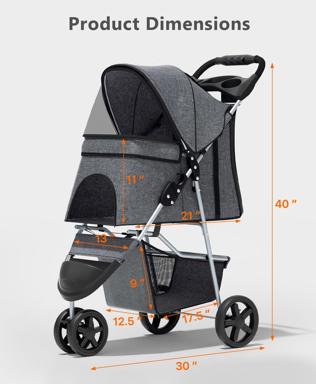 OS MOTOR Pet Stroller with 3 Wheels for Small/Medium Pets, Portable Travel Foldable Carrier Jogger for Dog Cat Puppy Kitty, Rear Wheel Breaks, Storage Basket, Visible Mesh with Weather Cover (Gray)