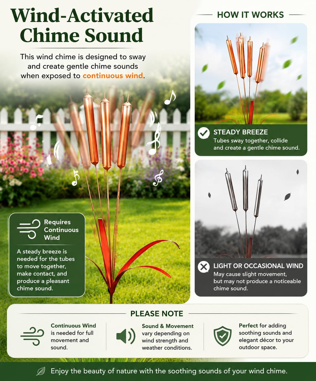 43“ Cattail Wind Chimes Stake Outdoor Decor – Plated Copper Metal Yard Cattail Plant Art Poles for Garden Patio